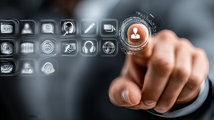 CRM: Businessman touching the CRM icon and global technological Networking. Customer Relationship Management, Data Analysis, Customer Engagement.