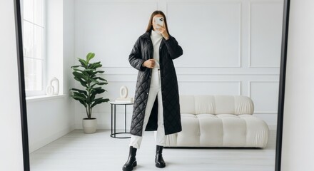 Elegant Black Quilted Longline Coat Winter Fashion Style