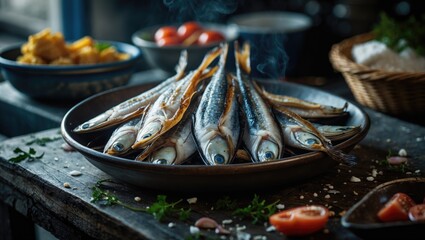 Fresh fish cooked and served on a plate with side dishes, ready to eat.