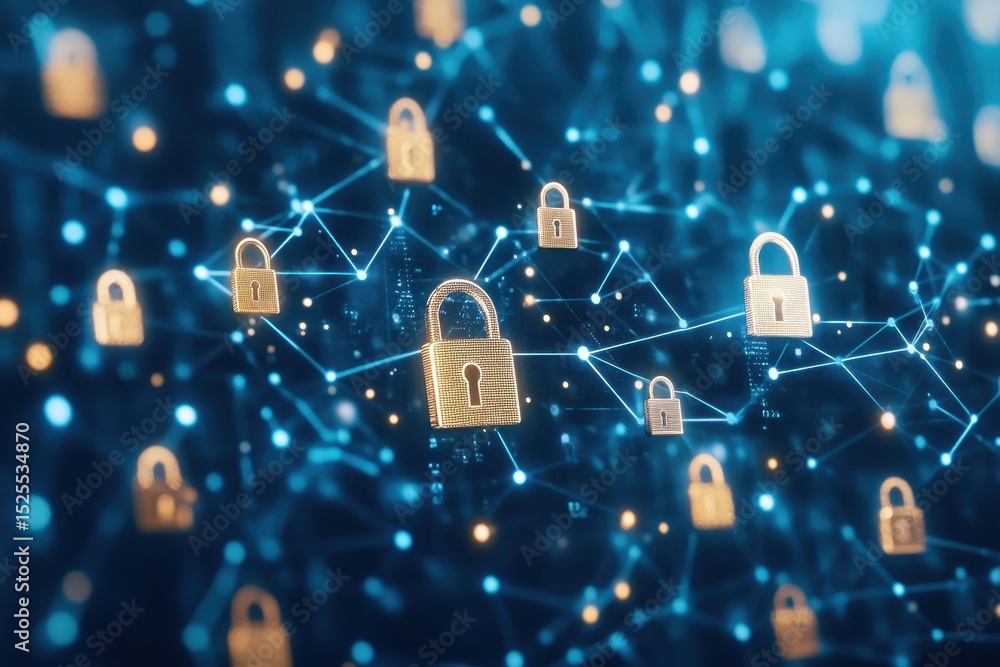Poster nkey and padlock icons amidst digital data processing illustrating security in technology, nkey and 
