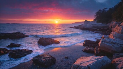 Sunset over ocean with rocks and cliffs at dusk. Nature scene, coastal landscape, beautiful sky, sea waves.