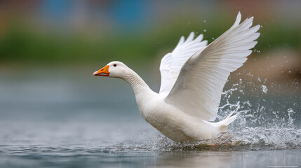 Fototapeta premium Goose creating a splash in a tranquil pond with flapping wings and water droplets