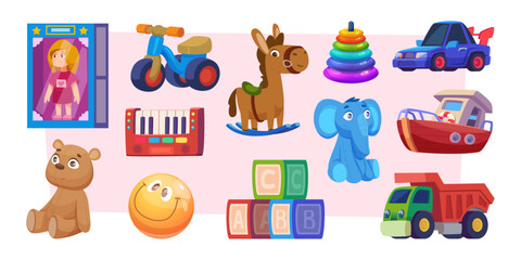 Toys. Colored collection of funny toys for kids playground exact vector kindergarten set