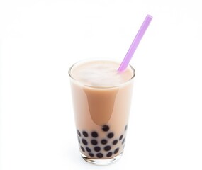 Glass of milk tea with tapioca pearls and purple straw