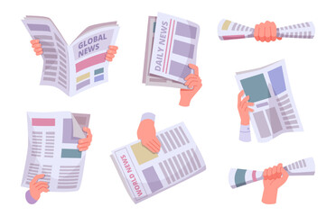Fototapeta premium Newspaper in hands. Closed and opened business paper magazine in hands exact vector cartoon templates