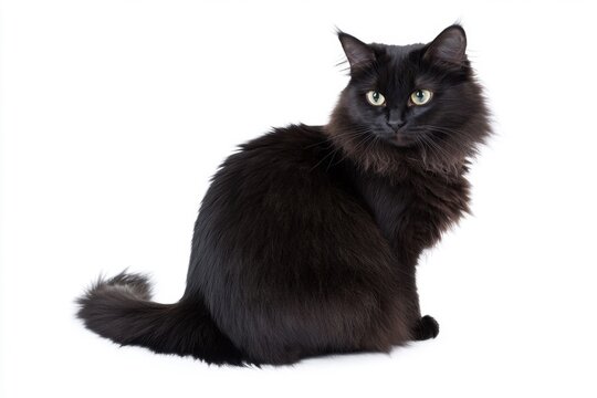 Long-haired black cat sitting and looking sideways