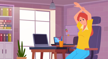 Office yoga. stretching female characters making sport exercises in office workplace
