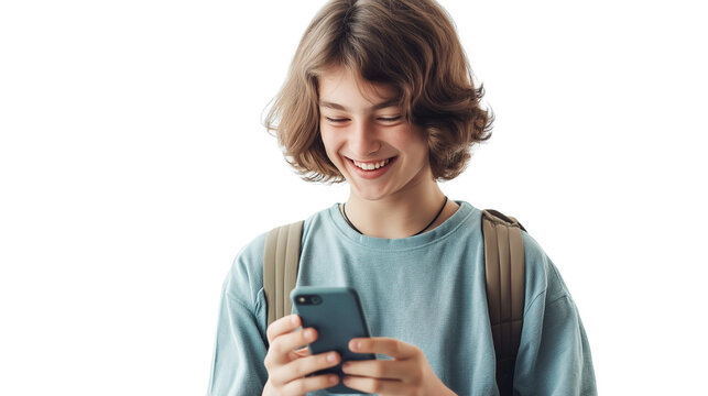 Teen sharing funny meme on smartphone with smile and eye-roll, white background, PNG