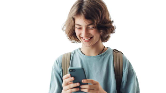 Teen sharing funny meme on smartphone with smile and eye-roll, white background, PNG