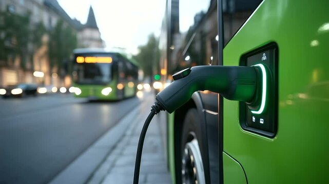 Charging port on side of articulated electric bus with power cable securely attached, tech details visible on interactive touchscreen panel nearby