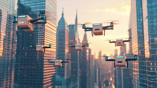 Drone delivery in a city.  Many drones carrying packages fly high above skyscrapers