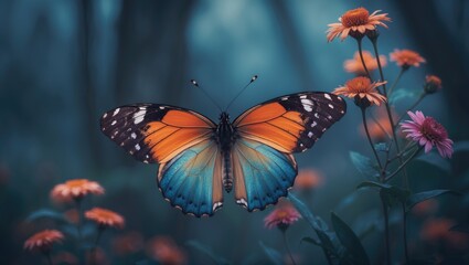 Butterfly with orange and blue wings among pink flowers in a dark, dreamy background.