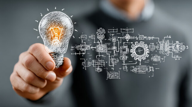 ERP: Hands of businessman holding light bulb and ERP with data network digital technology. Integration, automation, efficiency, innovation.