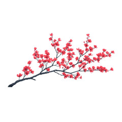 Branch of vibrant red cherry blossoms is beautifully arranged against plain background, showcasing delicate petals and intricate details. image evokes sense of tranquility and natural beauty