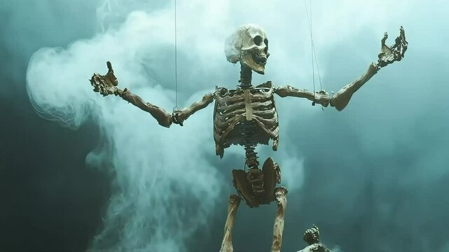 Skeleton puppet in smoky haze