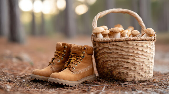 Rustic outdoor scene with hiking boots and basket of fresh mushrooms in forest setting