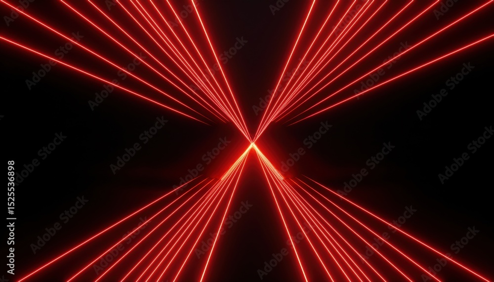 Poster futuristic red laser tunnel with symmetrical glowing light beams converging into vanishing point on 