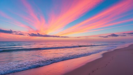 Obraz premium Colorful sunset over the ocean at the beach, with vibrant pink and orange clouds, calm waves, and sandy shore.