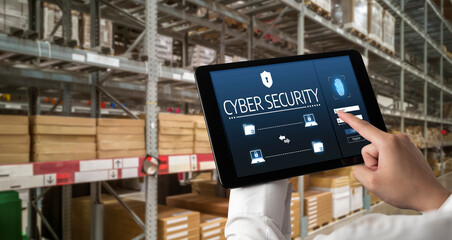 Naklejka premium Cyber security system on computer screen protect private information snugly from hacker and cyber attack