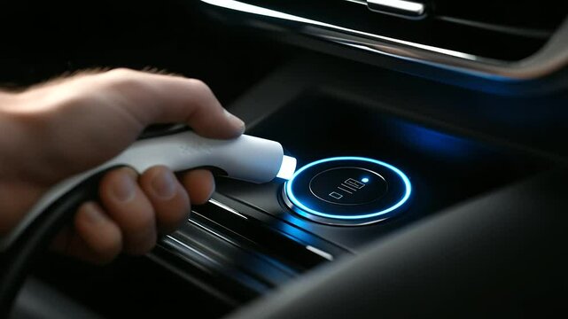 Close-up of hand inserting white charging cable into vehicle port, EV interface lights up with blue charge ring animation