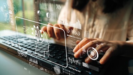 Hands Typing on Keyboard with AI Concept Overlays Illustrating Technology and Innovation in Digital Communications. Asymptotic smart data analytic.