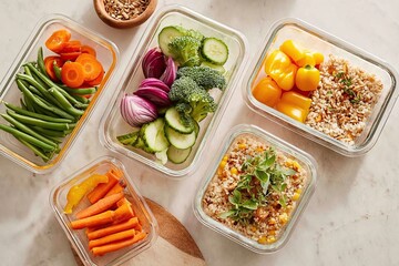 Healthy meal prep containers arranged for convenient and nutritious dining on a marble countertop