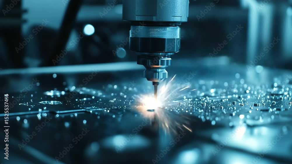 Poster close-up shot of welding sparks illuminating robotic arms working on precision tasks in an industria