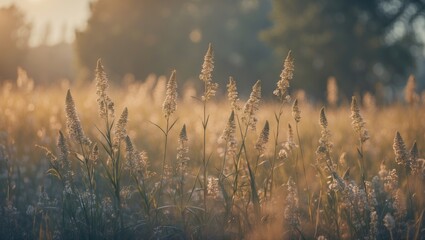 Fototapeta premium A field of tall grass and plants illuminated by warm sunlight during sunset or sunrise.
