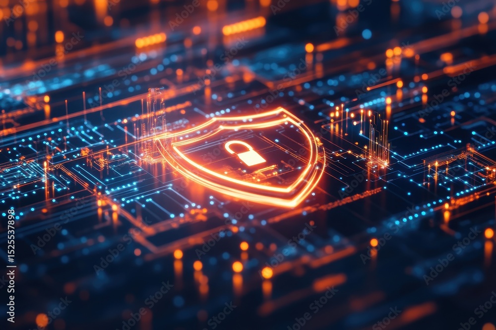 Poster digital lock and shield symbol over computer code background emphasizing cybersecurity and data prot
