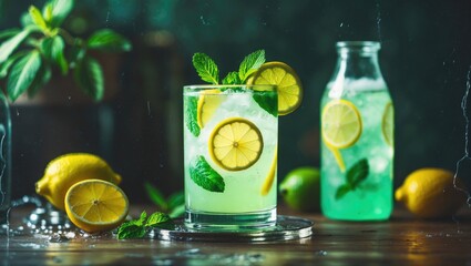 Fresh lemon and mint infused water with slices of lemon in a glass and a jar, accompanied by whole lemons and lime on a dark wooden surface.