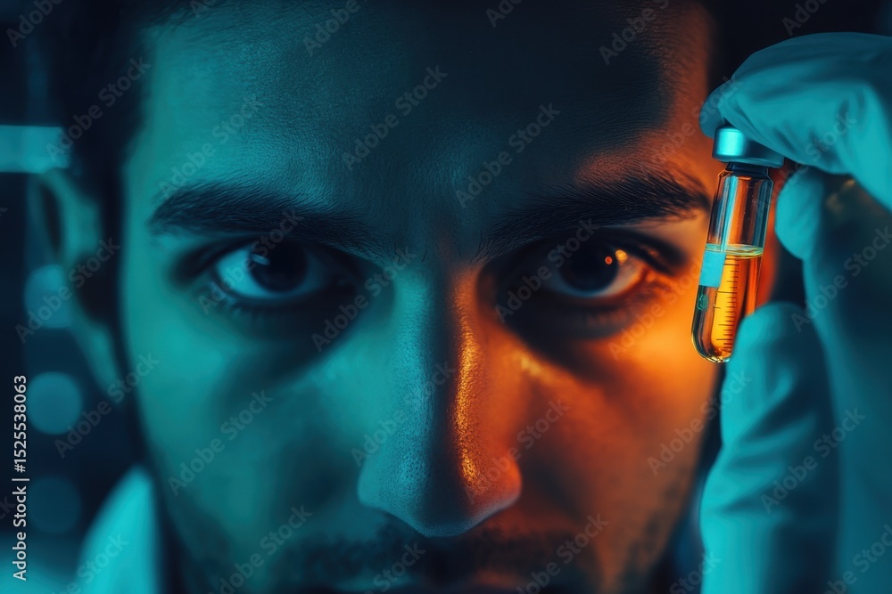 Poster scientist examines ampoule containing experimental solution in laboratory setting, scientist selects
