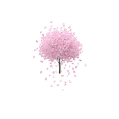 Pink cherry blossom tree with delicate petals falling gracefully, creating serene and peaceful atmosphere. tree stands alone, symbolizing beauty and tranquility