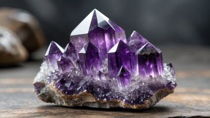 Purple amethyst crystal cluster with sharp points and natural formation.