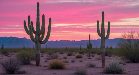 Desert landscape with cacti during sunset, pink and purple sky, mountain background.