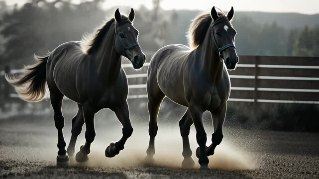 Two dark horses running in a paddock