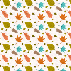 Seamless Hand-Drawn Floral Pattern with Colorful Leaves and Botanical Elements in Soft Pastel Tones – Ideal for Fabric, Wallpaper, and Stationery Design