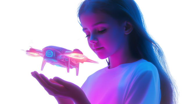 Child holding a floating AI pet drone with pastel neon glow png 