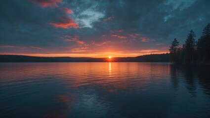 Fototapeta premium Sunset over a lake with clouds and silhouetted trees. Nature scene. Tranquil water and vibrant sky. The concept of peacefulness and natural beauty.