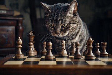 Cat sitting at chessboard staring intently at the game