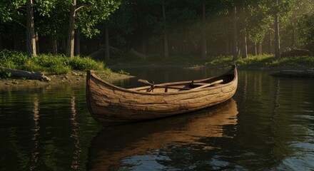 Canoe on a misty lake