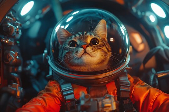 Tiny cat floats weightlessly in cosmic astronaut suit