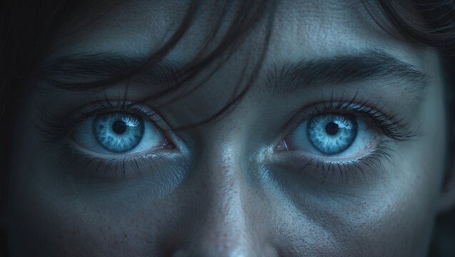 Close-up of human eyes with striking blue irises and detailed textures.
