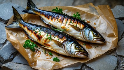 Two grilled fish placed on brown parchment paper with fresh herbs, on a stone surface.