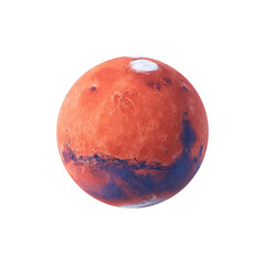 Fototapeta premium Detailed image of planet Mars, showcasing its reddish surface and polar ice cap, isolated on transparency background. planet surface features craters and valleys
