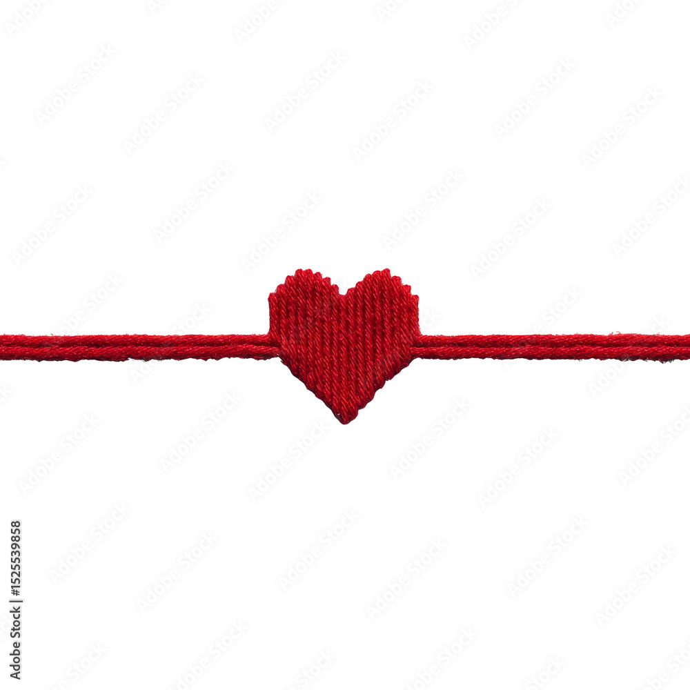 Poster red heart shaped fabric decoration is centered on horizontal red string, symbolizing love and connec