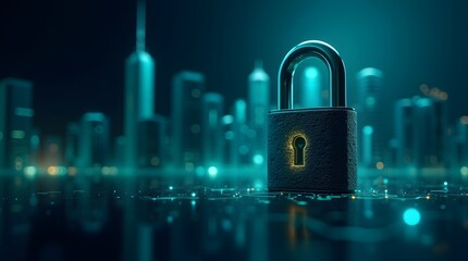 A futuristic padlock stands prominently in a cityscape, symbolizing security and digital protection.
