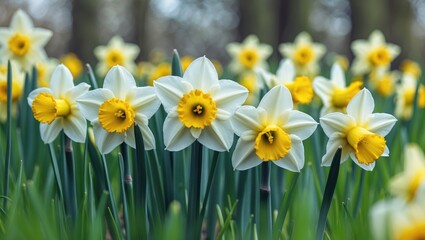 Fototapeta premium Bright daffodils blooming in a garden with green foliage and a blurred background. Flowers and nature scene. Springtime and floral display.