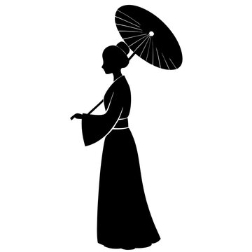 silhouette of a woman wearing a traditional kimono and holding a paraso