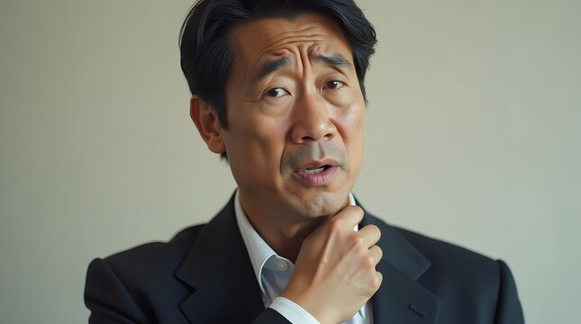 Confident Asian man in a suit shows a contemplative expression, touching his throat, against a neutral background. - Powered by Adobe