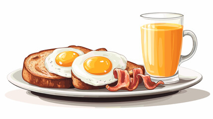 A flat vector cartoon breakfast scene featuring sunny side up eggs bacon toast coffee cup and orange juice on white background no shading no gradients